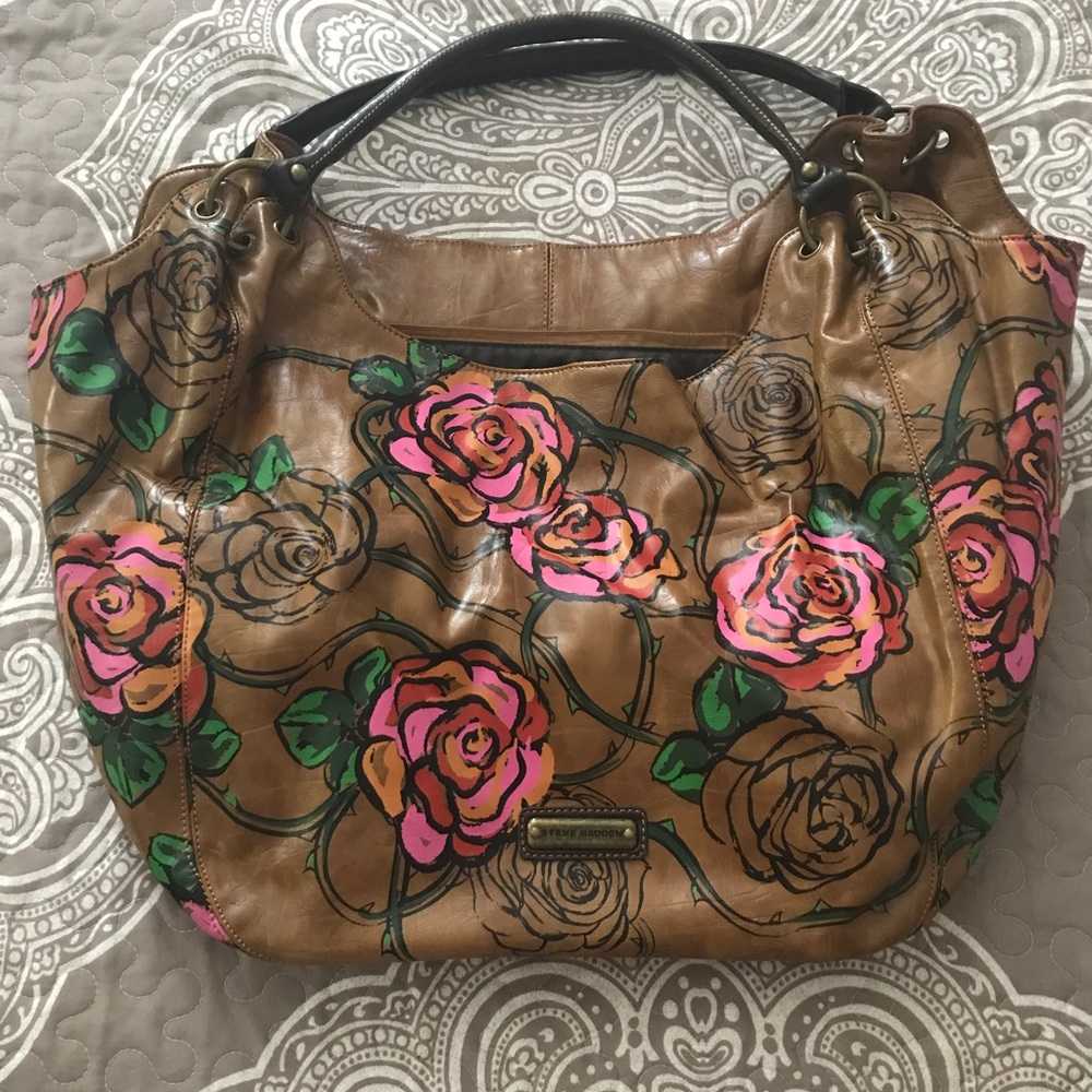 Large cognac flower painted Steve Madden hobo